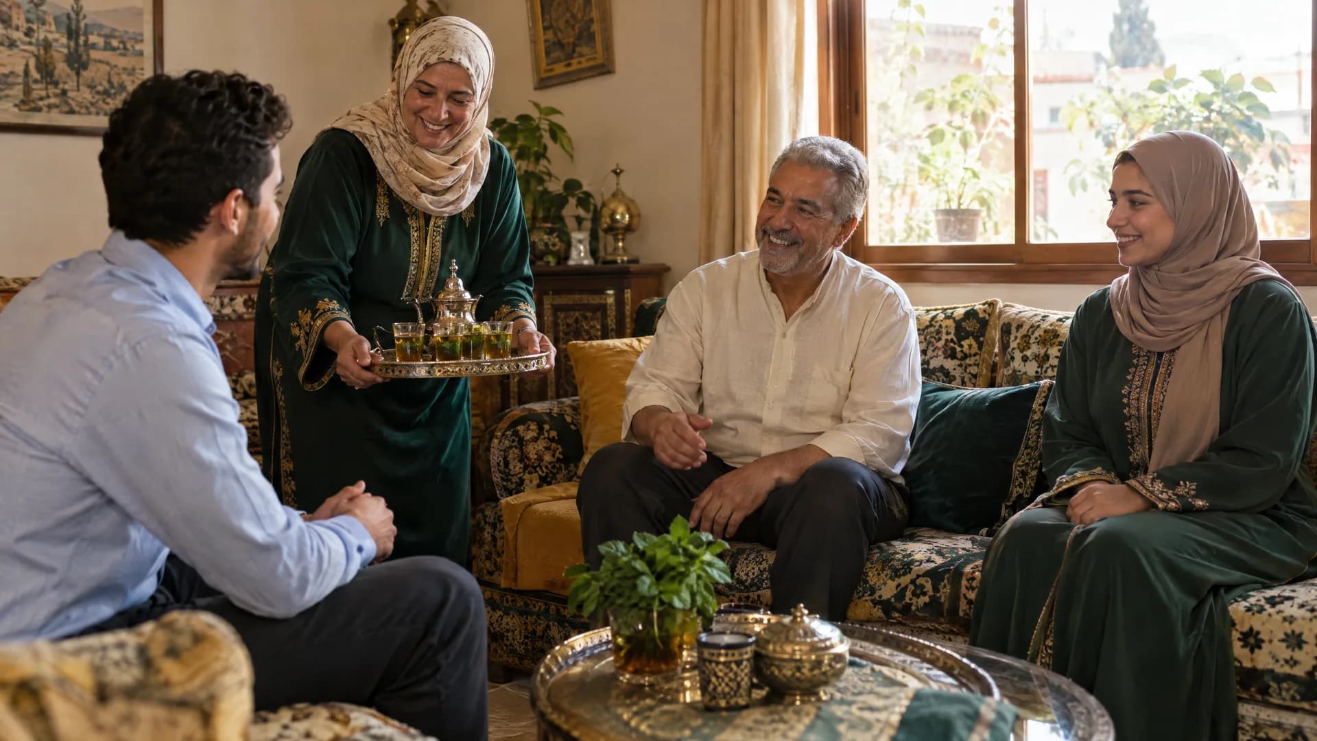 Première visite chez une famille : le père accueille le jeune homme, la mère sert le thé, la fille est assise près de sa mère