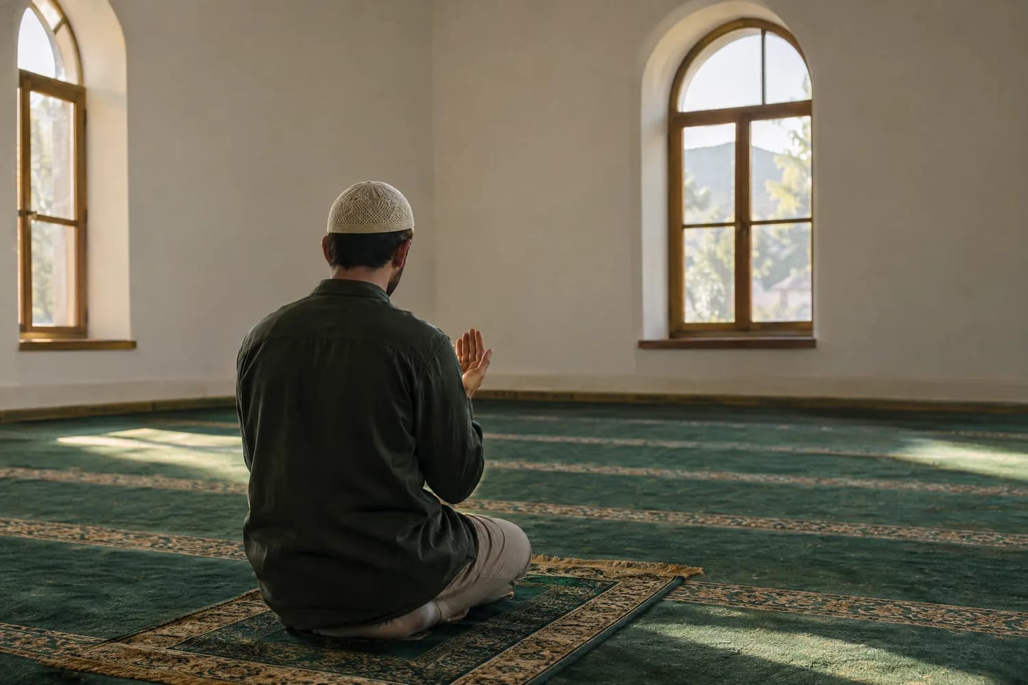 Un jeune homme en invocation, assis sur un tapis dans une mosquée