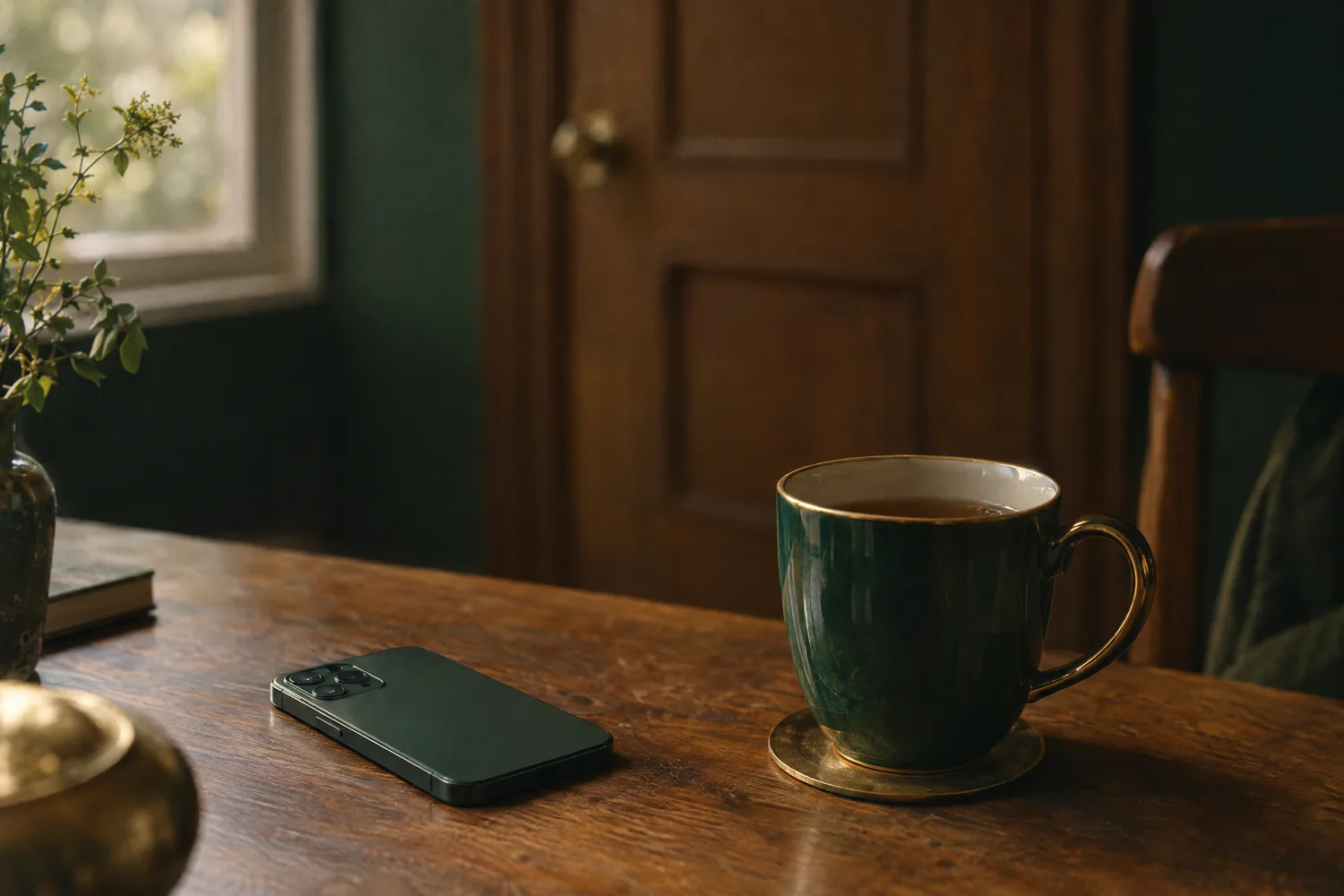 Un téléphone retourné sur une table, à côté d'une tasse de thé