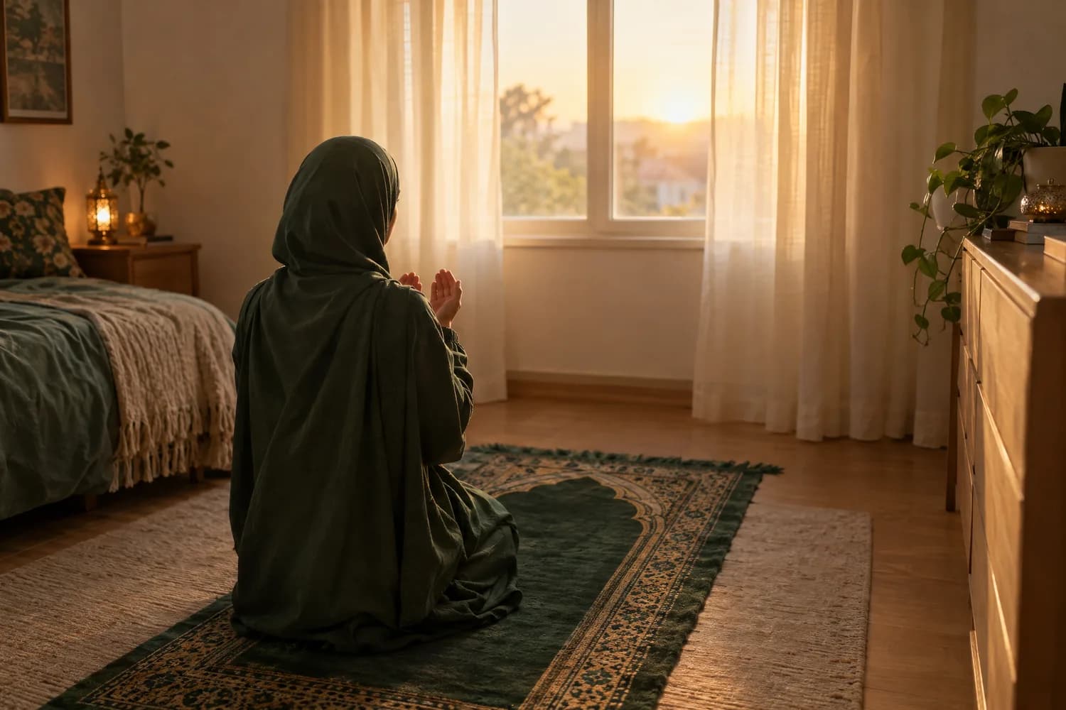Une jeune femme en invocation sur son tapis de prière, face à la fenêtre, à l'aube