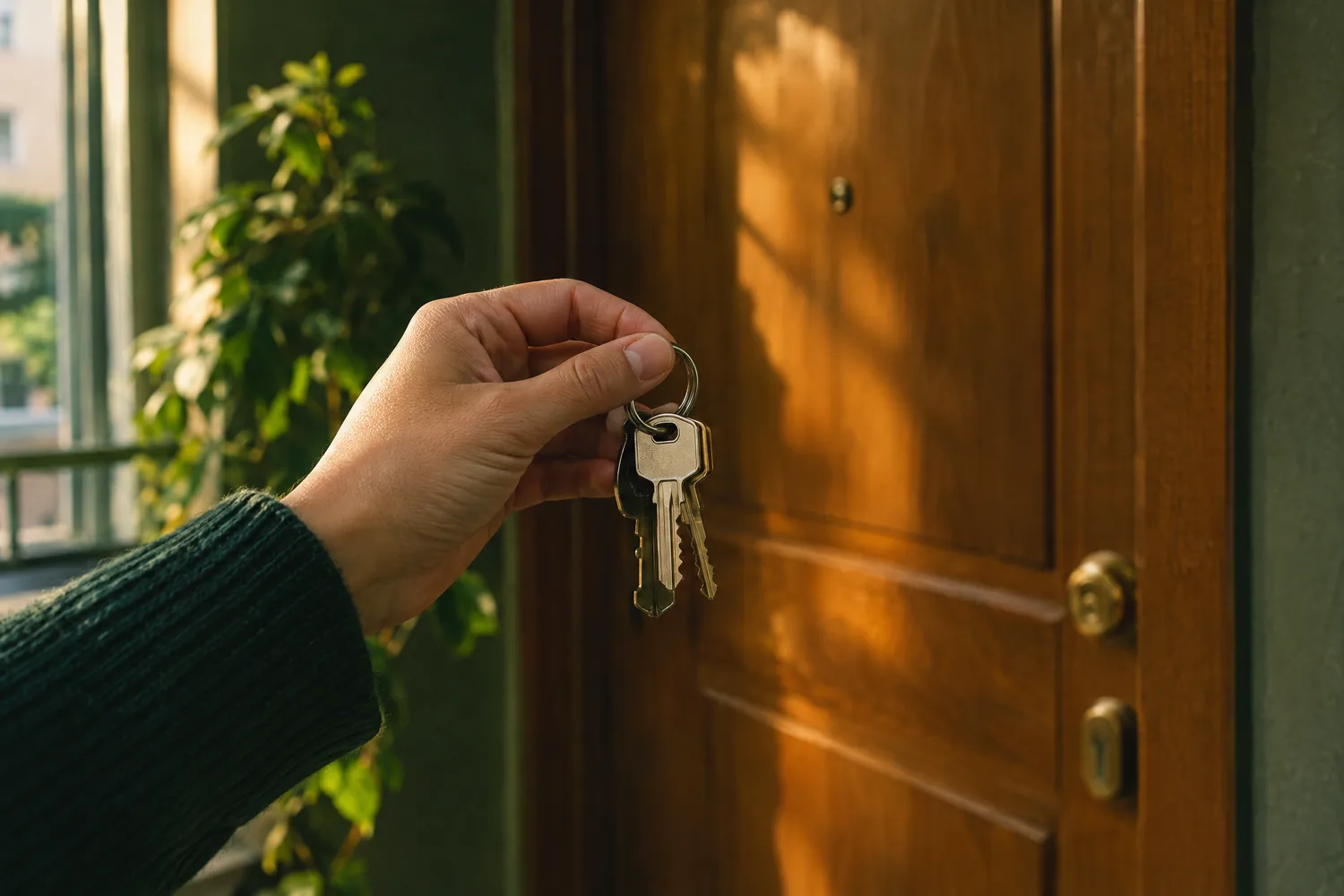 Une main tient les clés d'un premier logement devant sa porte