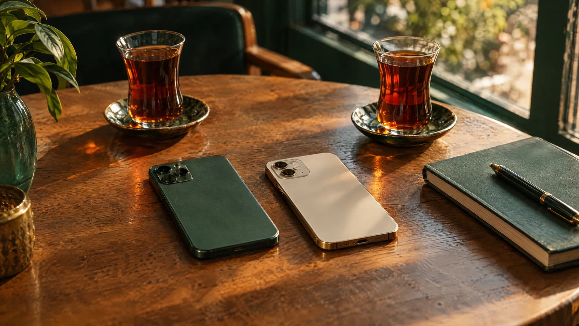 Deux téléphones posés à l'envers sur une table de café, à côté de deux verres de thé