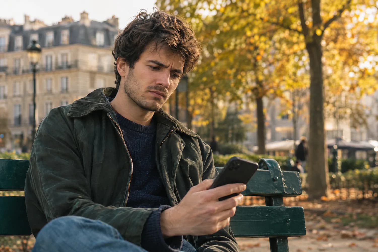 Un jeune homme dubitatif regarde son téléphone, assis sur un banc