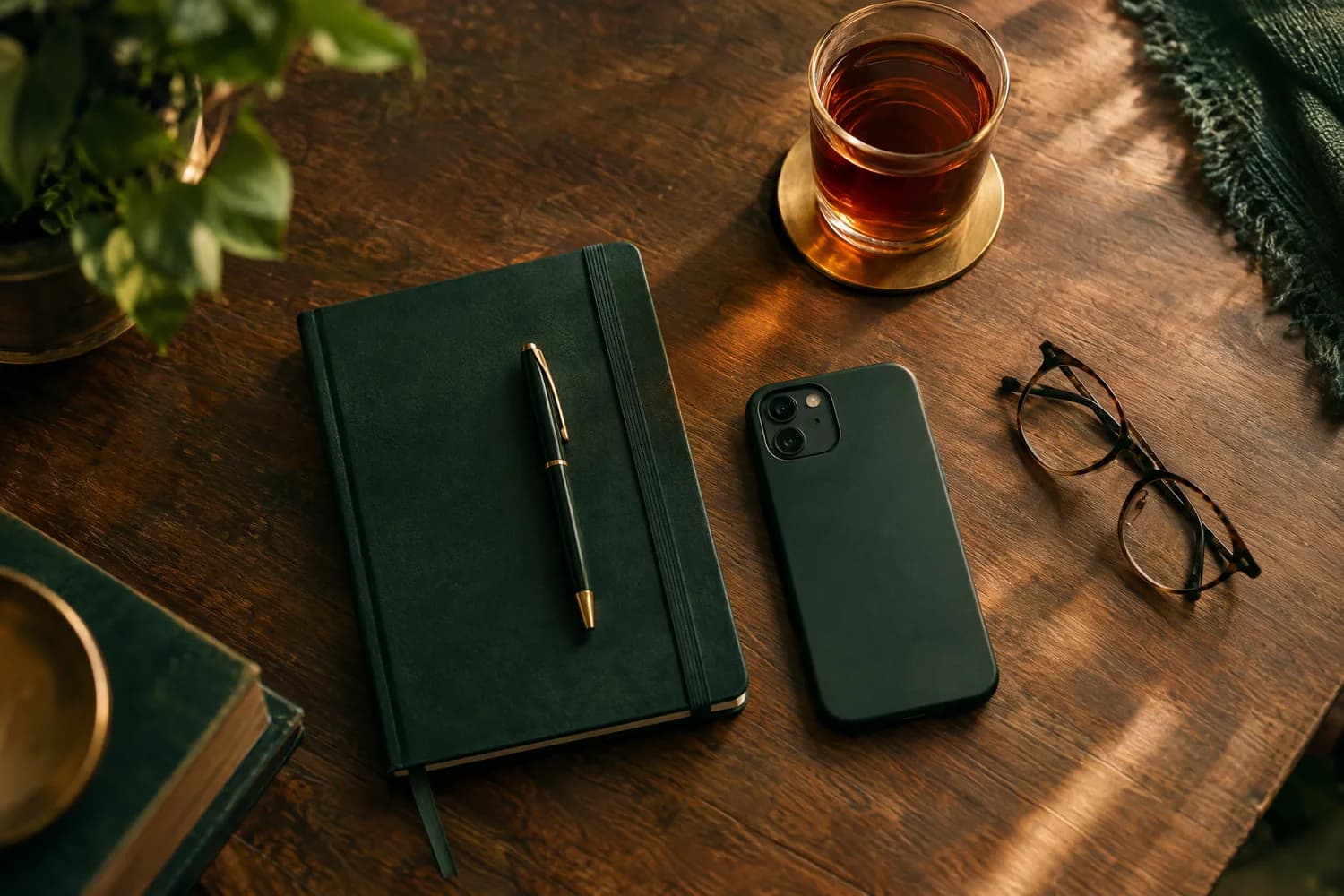 Un carnet, un téléphone, des lunettes et un verre de thé sur un bureau