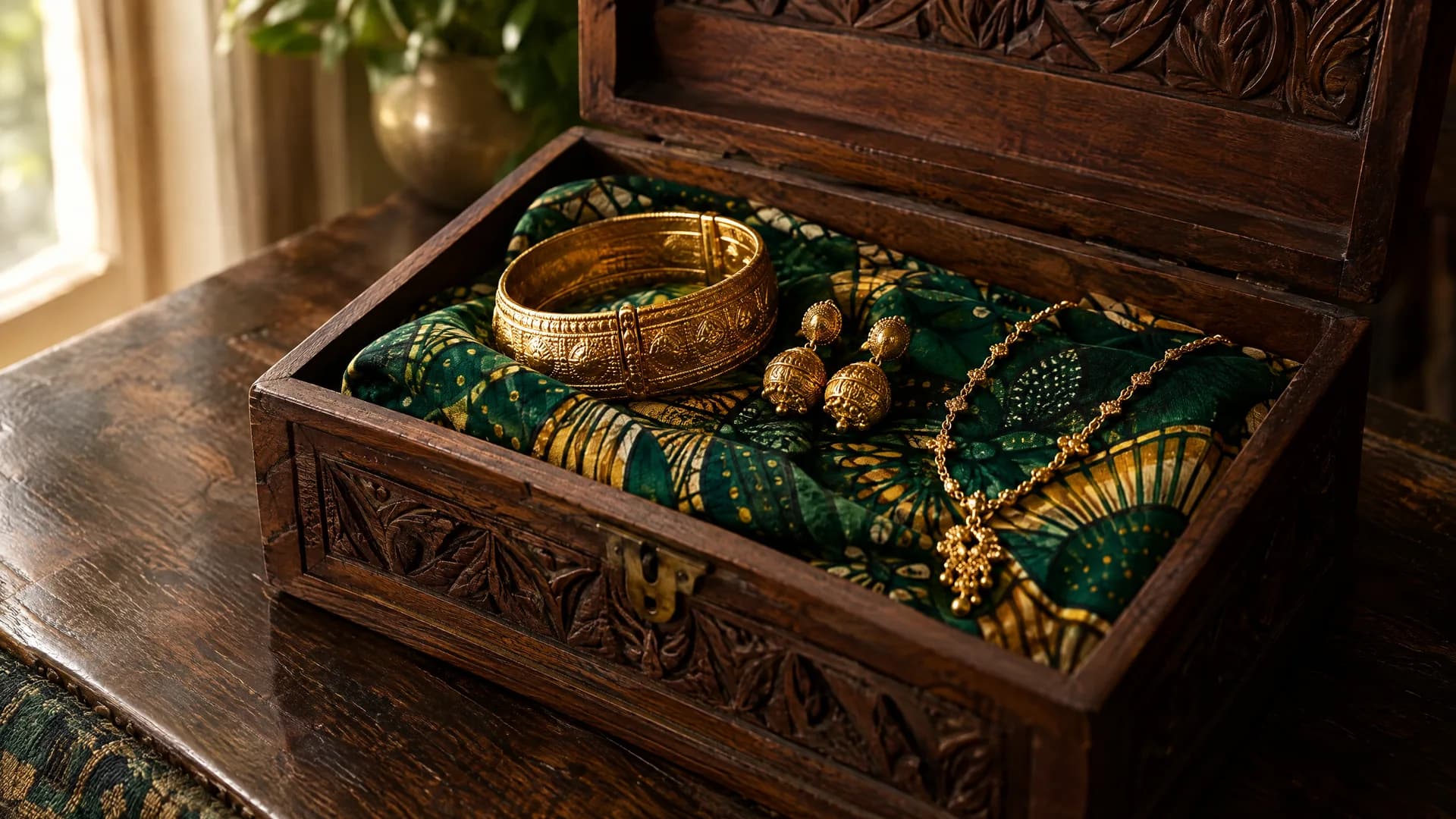 Coffret en bois ouvert contenant un bracelet, des boucles d'oreilles et un collier en or, sur un pagne vert et or