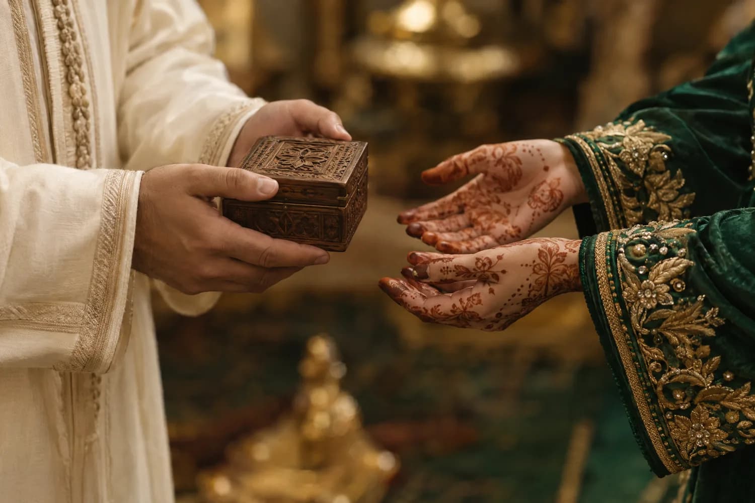 Le marié tend un coffret sculpté à la mariée, aux mains ornées de henné