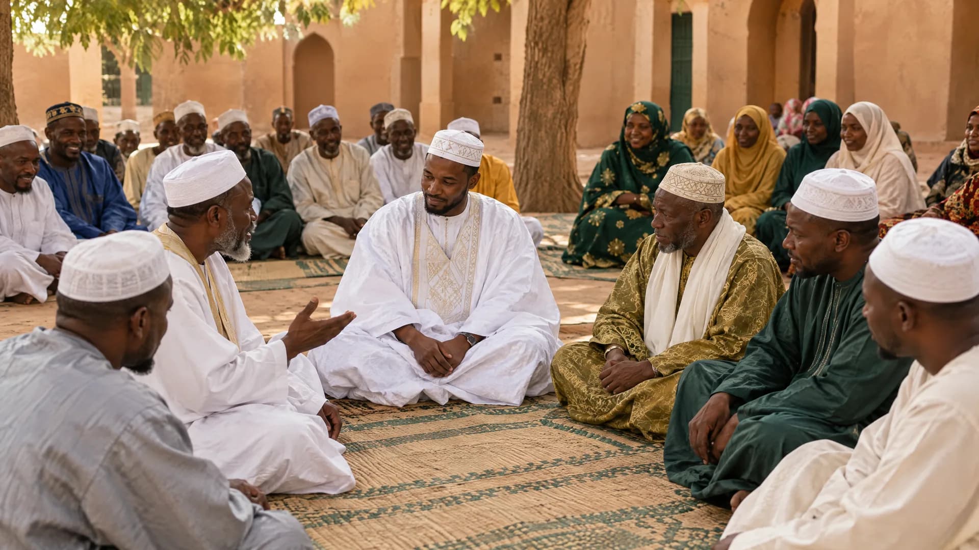 Cérémonie du nikah dans la cour d'une mosquée : l'imam, le marié et les témoins, entourés de la famille