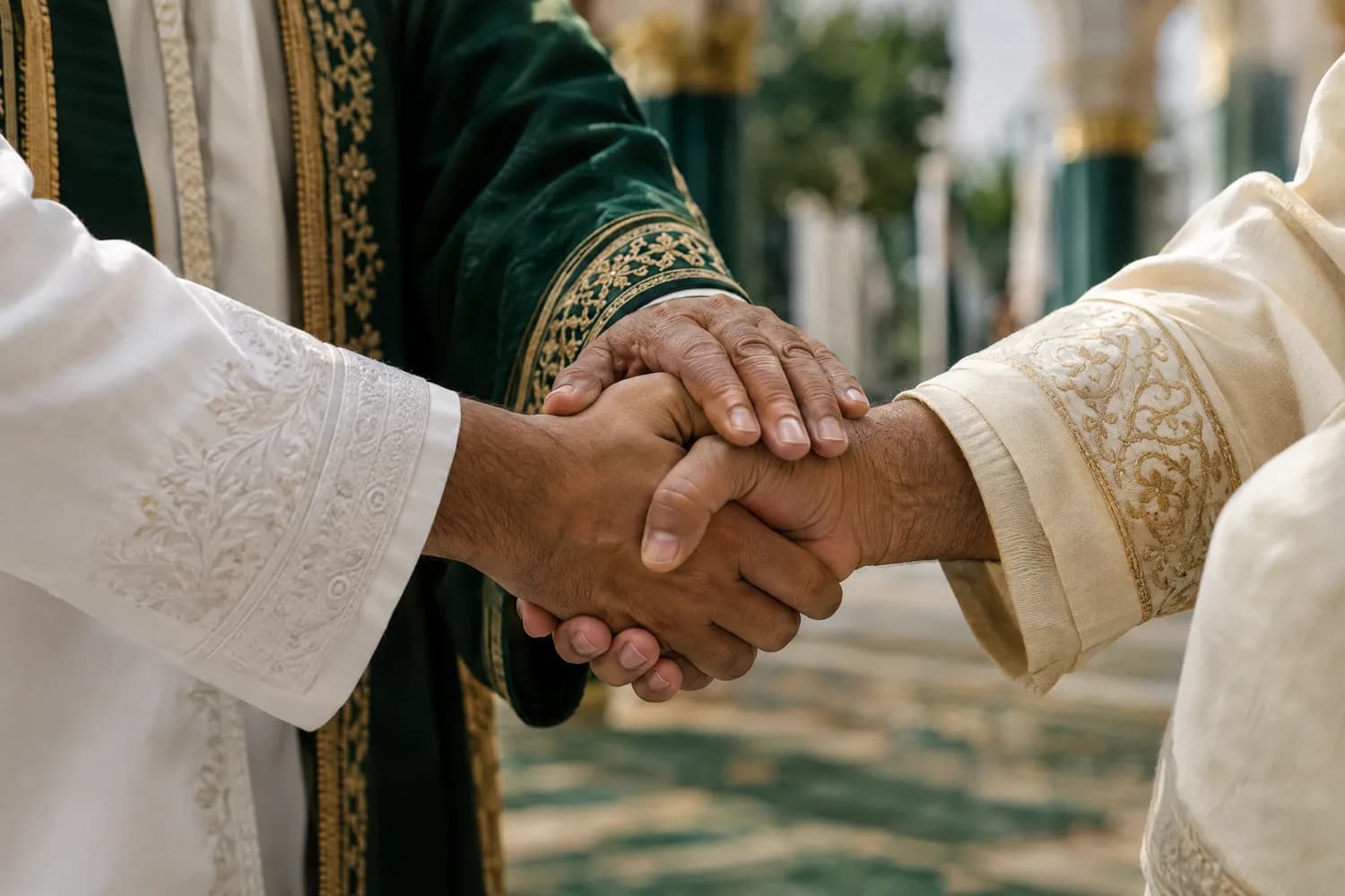La poignée de main qui scelle le contrat de mariage, la main de l'imam posée dessus