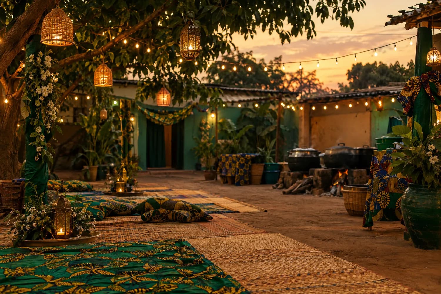 Cour décorée de lanternes et de nattes pour une fête de mariage, au crépuscule