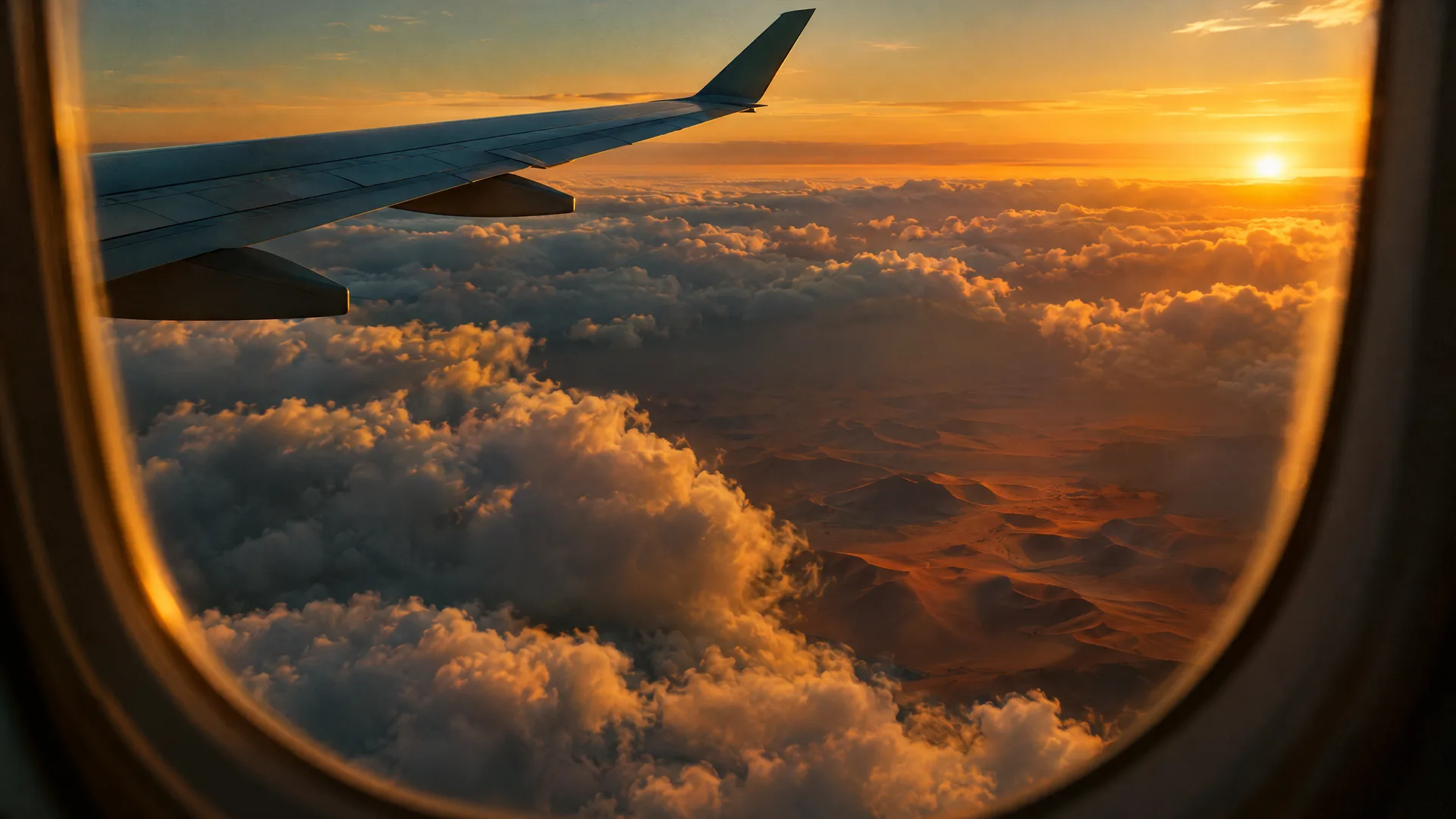 Vue d'un hublot d'avion au coucher du soleil, au-dessus des nuages et du désert