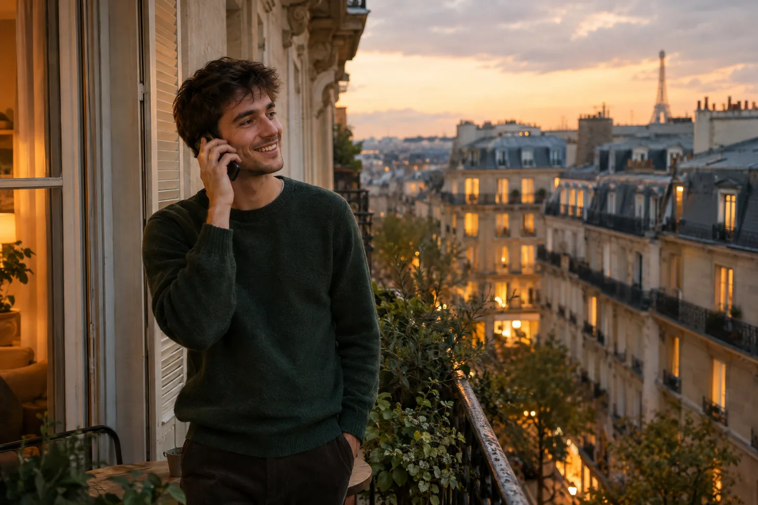 Un jeune homme au téléphone sur un balcon parisien, au crépuscule