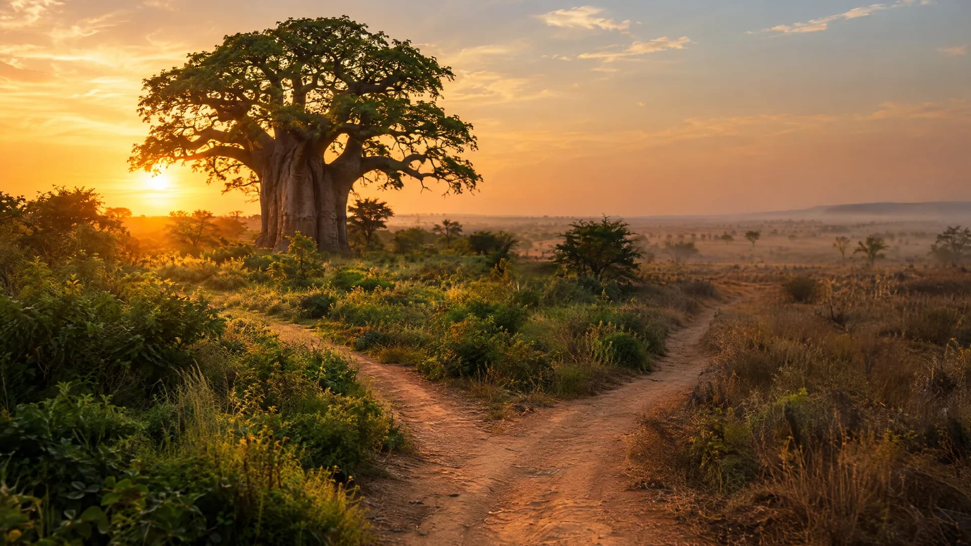 Un chemin de terre qui se sépare en deux au lever du soleil, près d'un baobab