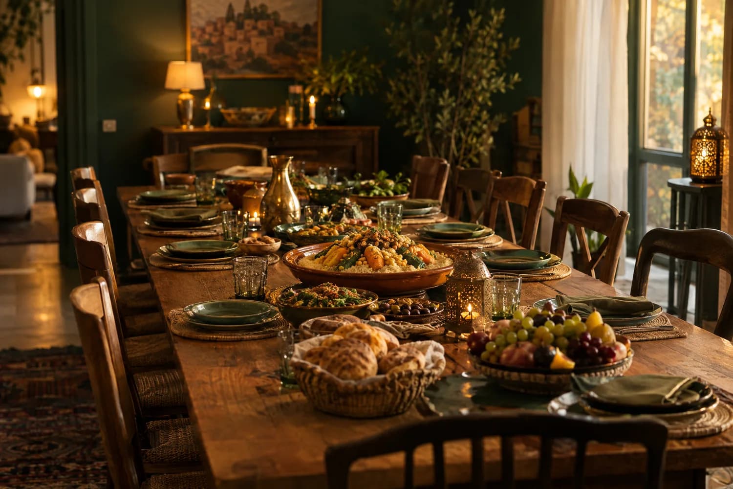 Une grande table familiale dressée pour le repas