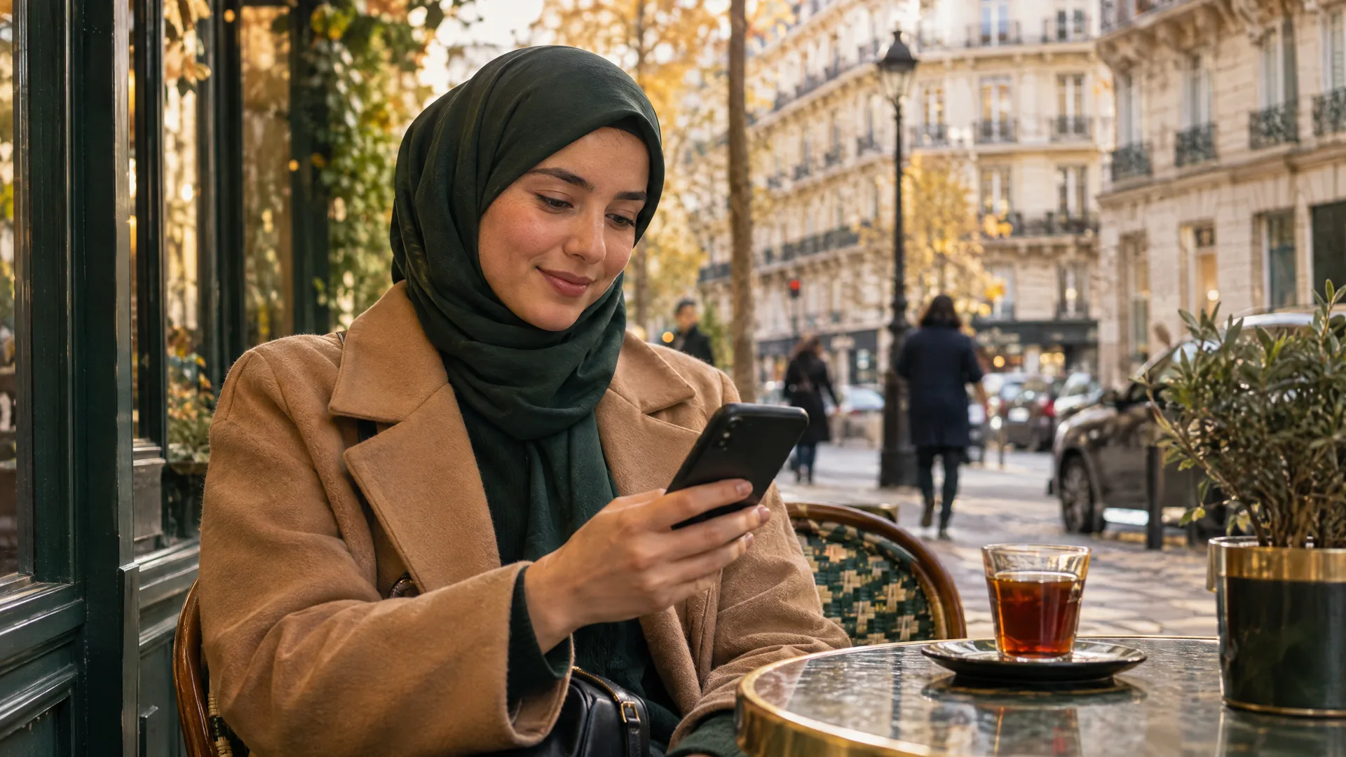 Une jeune femme voilée regarde son téléphone à la terrasse d'un café