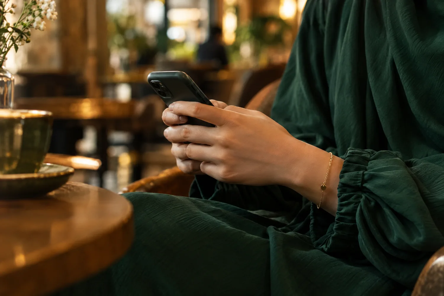 Des mains tiennent un téléphone dans un café