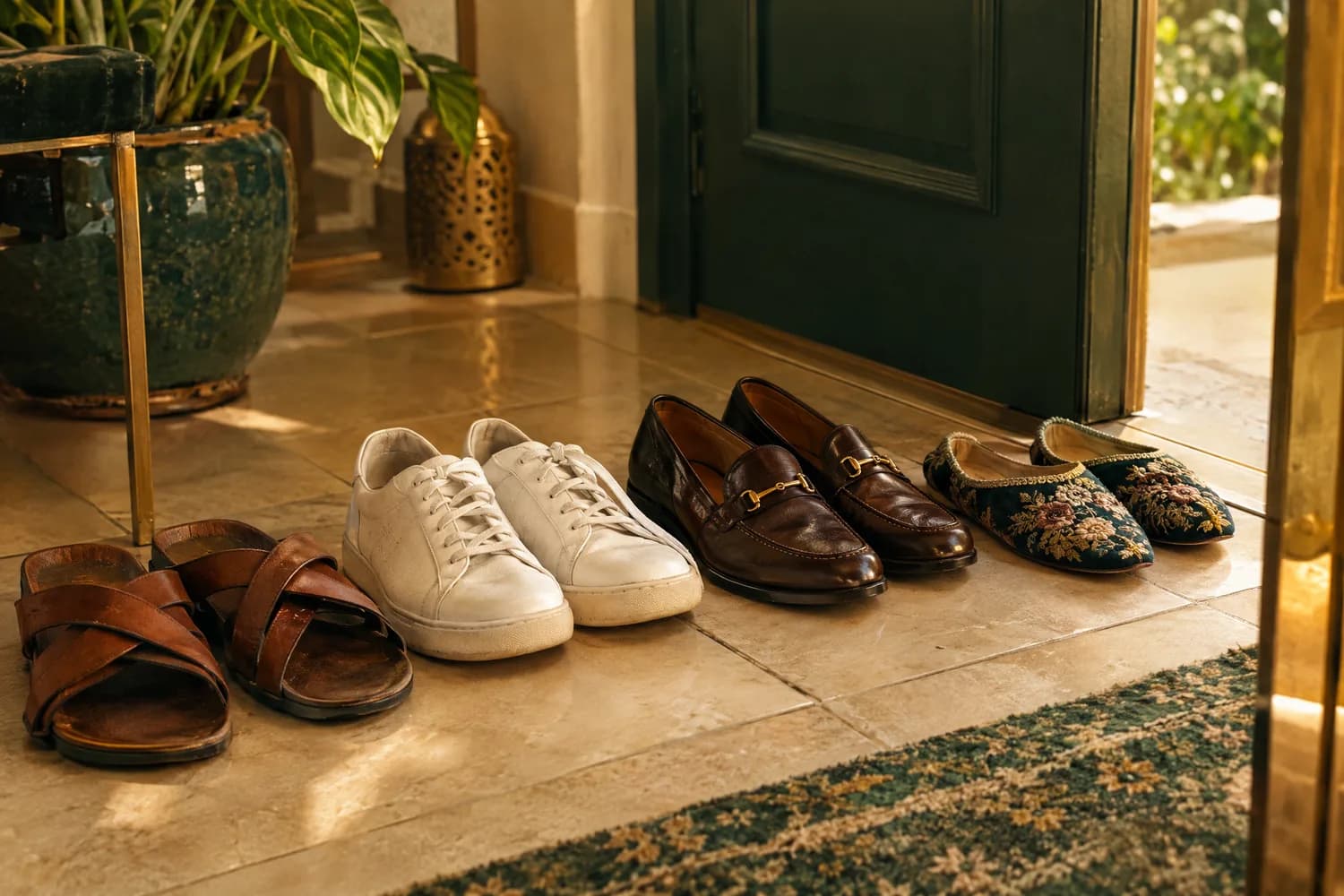 Des chaussures de styles différents alignées à l'entrée d'une maison