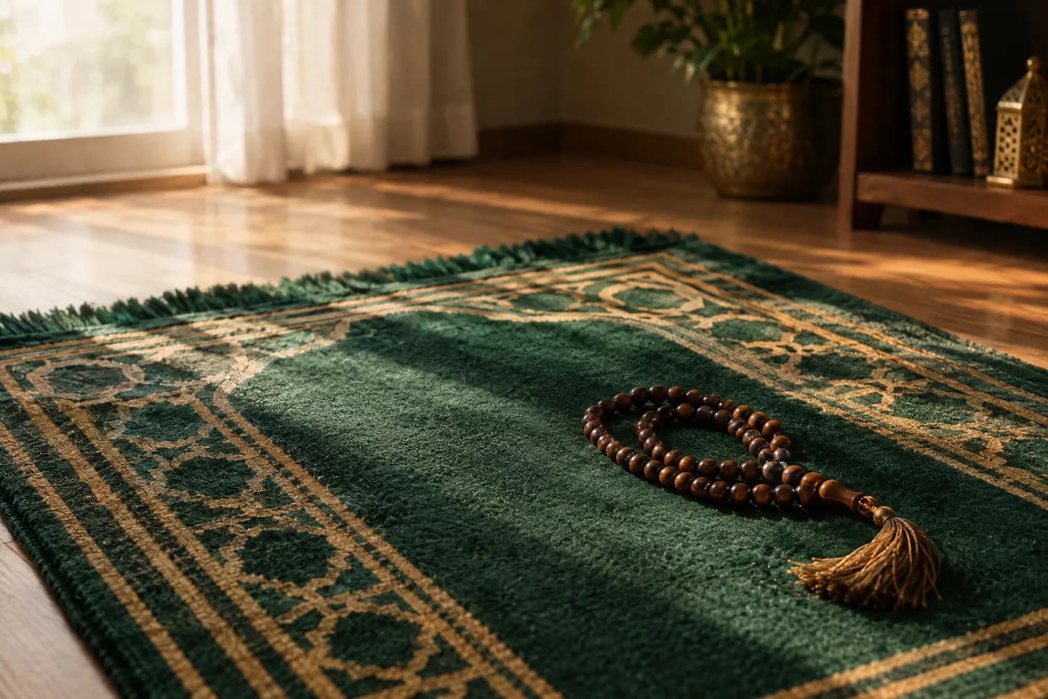 Tapis de prière vert et chapelet en bois dans la lumière du matin