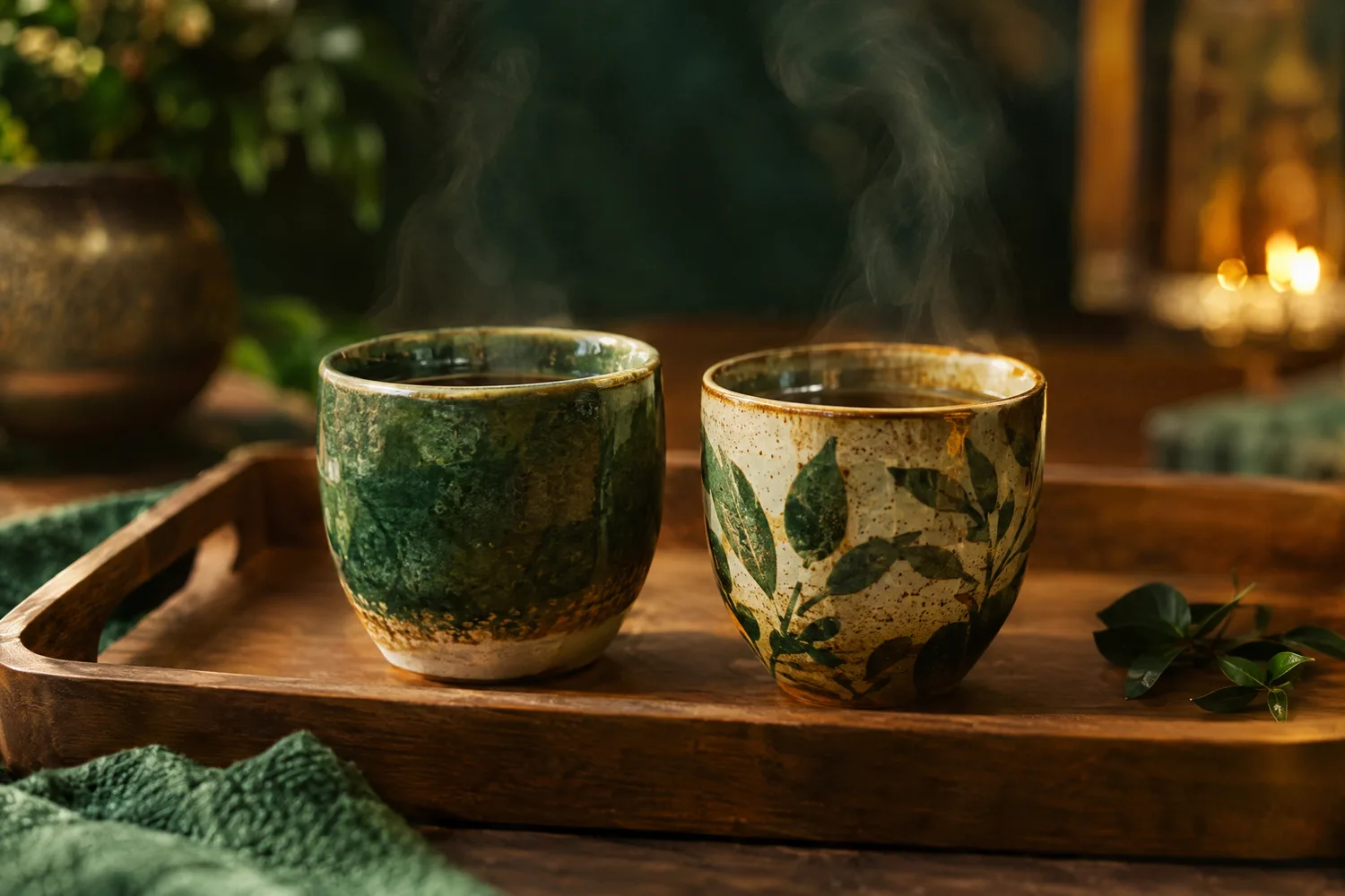 Deux tasses en céramique différentes mais assorties, côte à côte sur un plateau