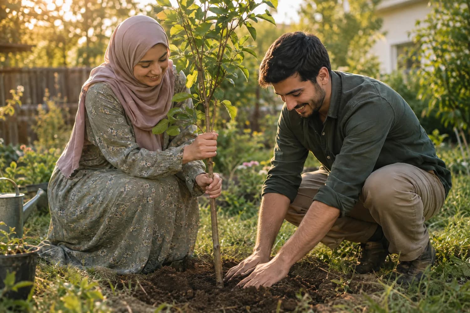 Un jeune couple plante un arbre ensemble dans un jardin