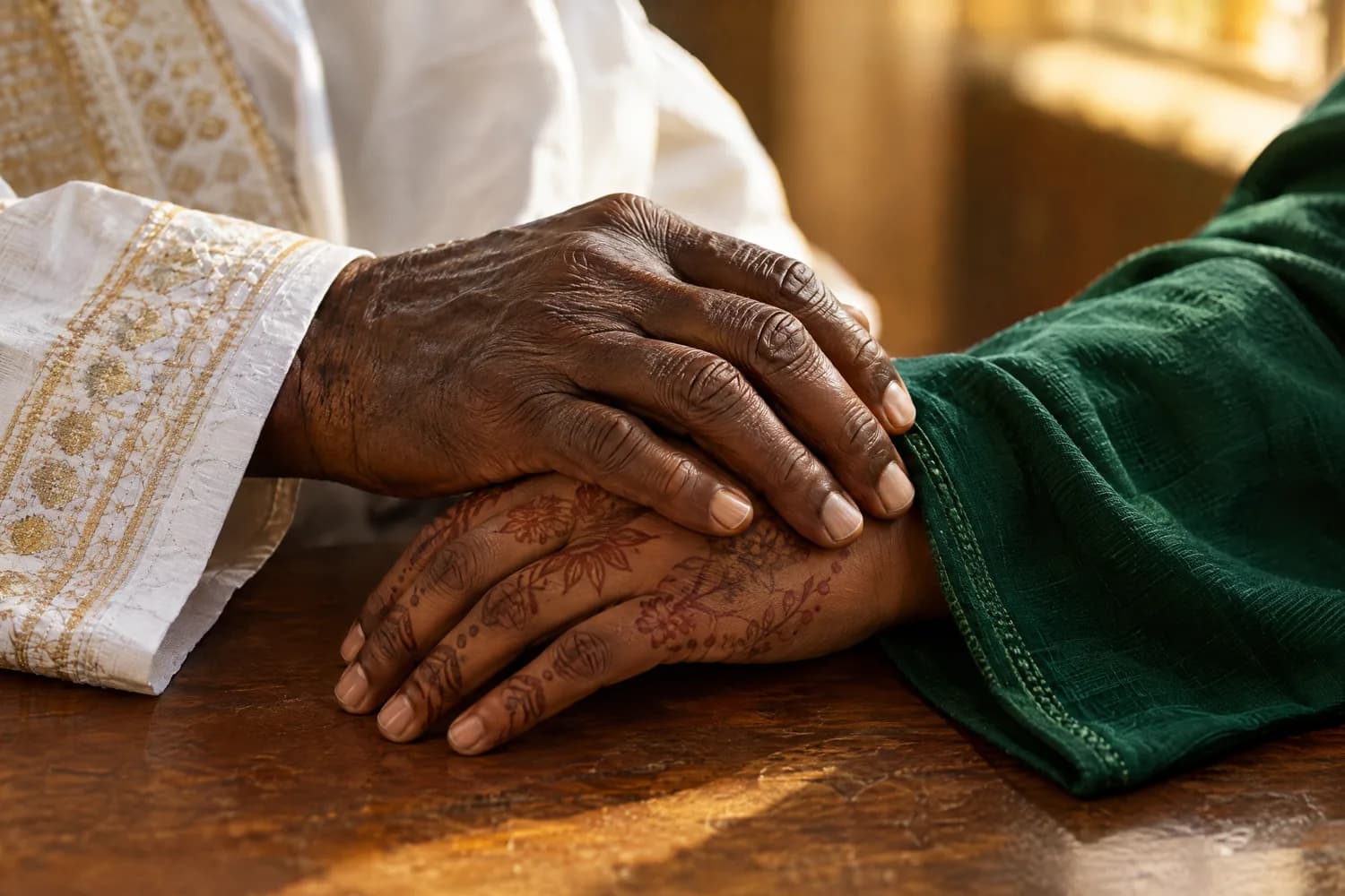 La main d'un père posée sur la main hennée de sa fille