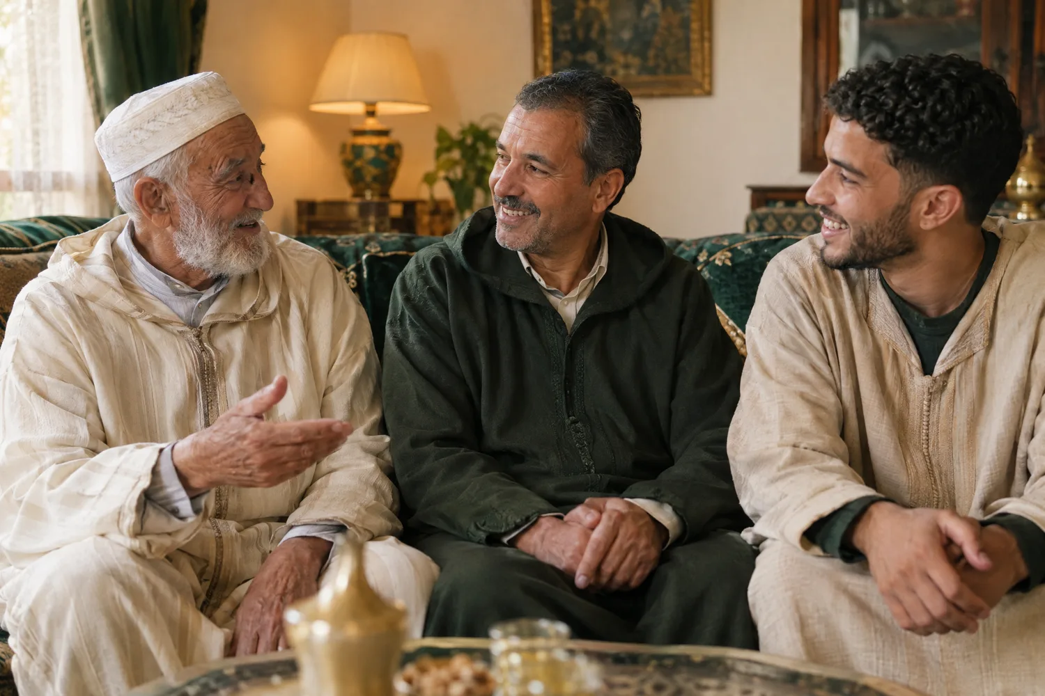 Un grand-père, son fils et son petit-fils discutent sur un canapé
