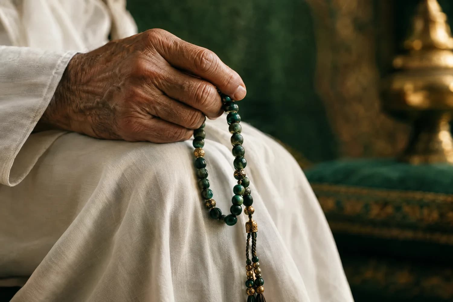 La main d'un homme âgé tenant un chapelet