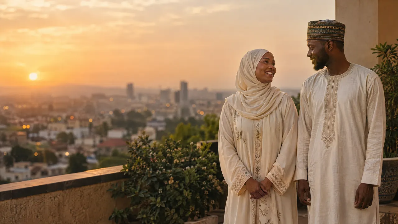Un jeune couple marié sourit sur une terrasse au coucher du soleil