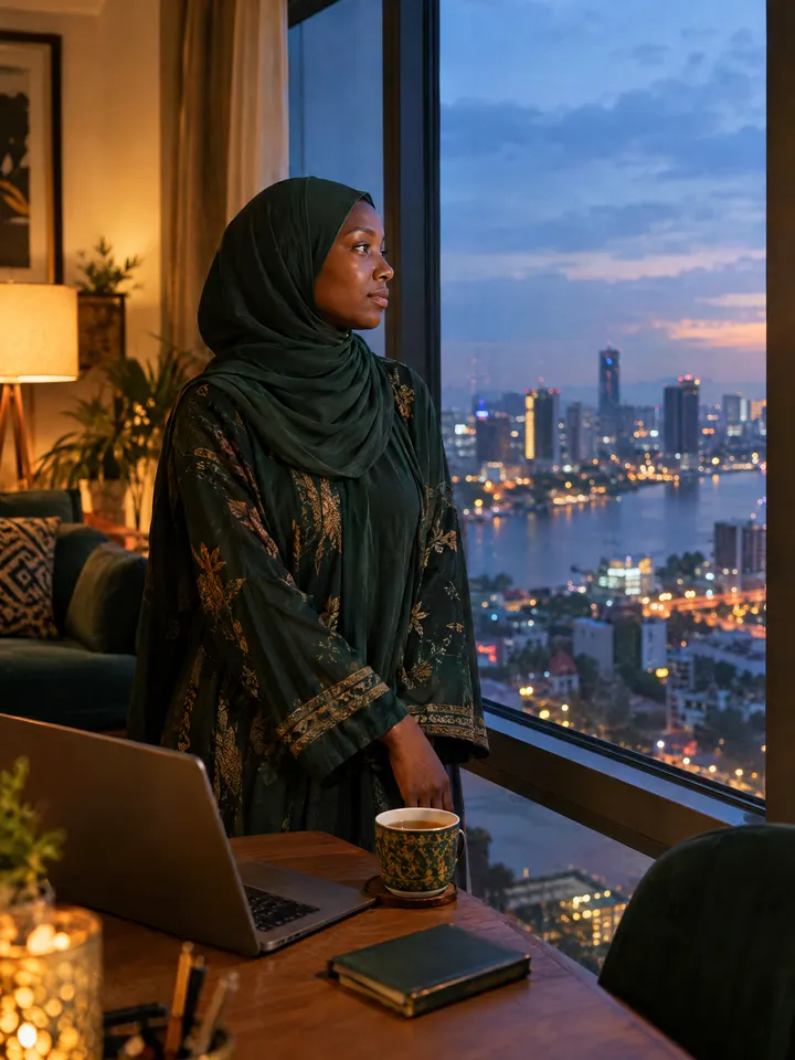 Une jeune femme regarde la ville à la fenêtre, le soir